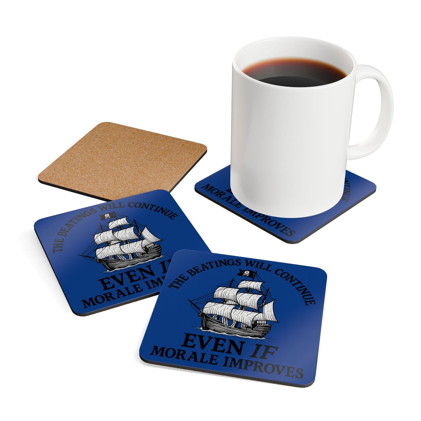 Pirate-Themed Cork Coaster Set - "The Beatings Will Continue"- Dark Blue