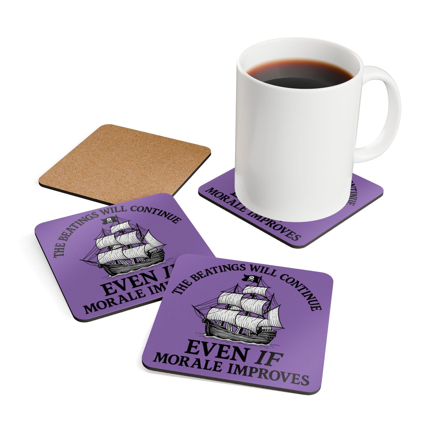 Pirate-Themed Cork Coaster Set - "The Beatings Will Continue"- Light Purple
