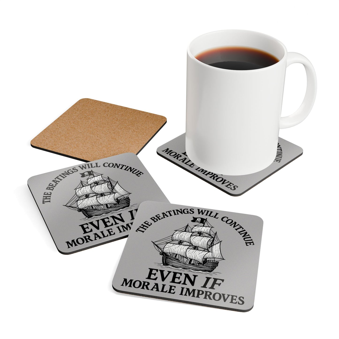 Pirate-Themed Cork Coaster Set - "The Beatings Will Continue"- Light Grey