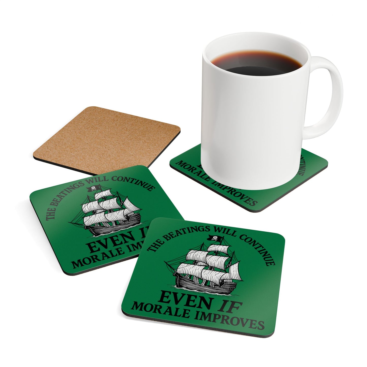 Pirate-Themed Cork Coaster Set - "The Beatings Will Continue"- Dark Green