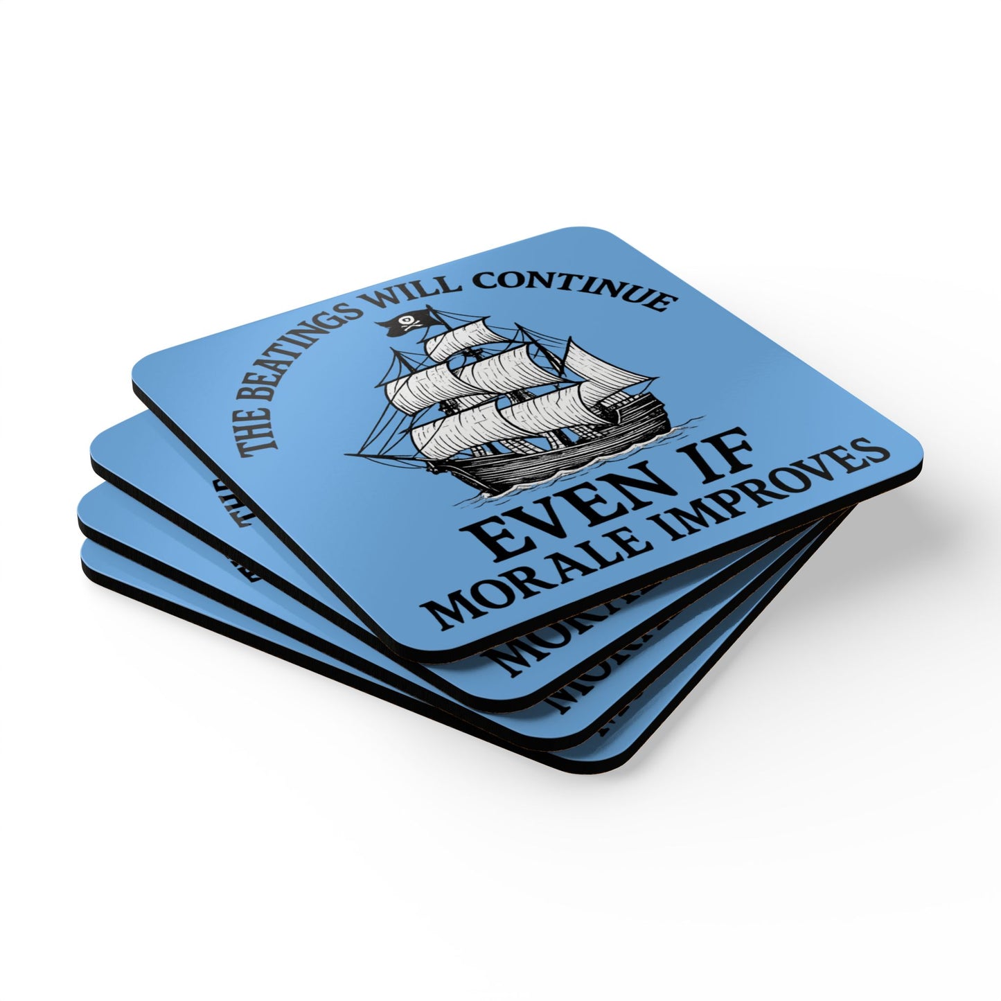 Pirate-Themed Cork Coaster Set - "The Beatings Will Continue"- Light Blue