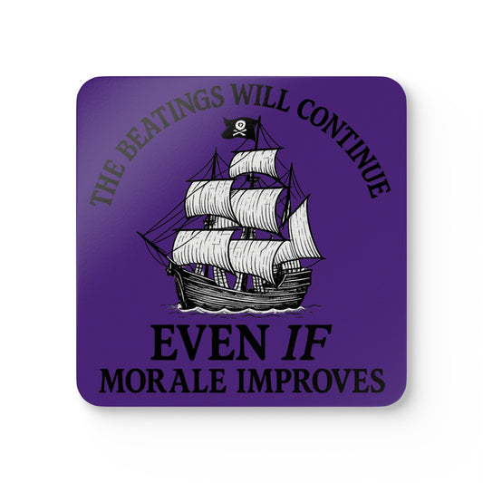 Pirate-Themed Cork Coaster Set - "The Beatings Will Continue"- Purple