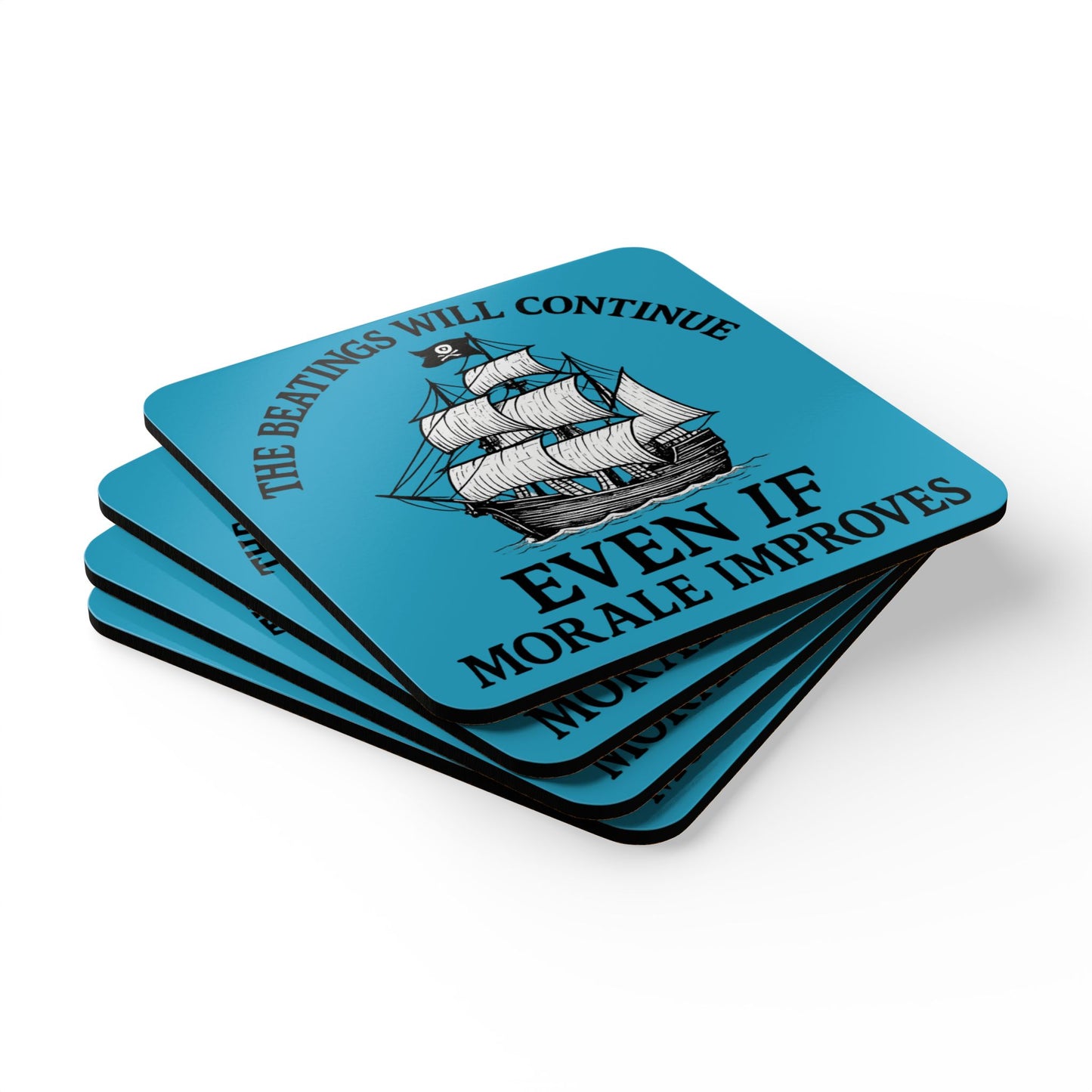Pirate-Themed Cork Coaster Set - "The Beatings Will Continue"- Turquoise