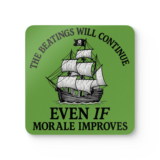 Pirate-Themed Cork Coaster Set - "The Beatings Will Continue"- Light Green