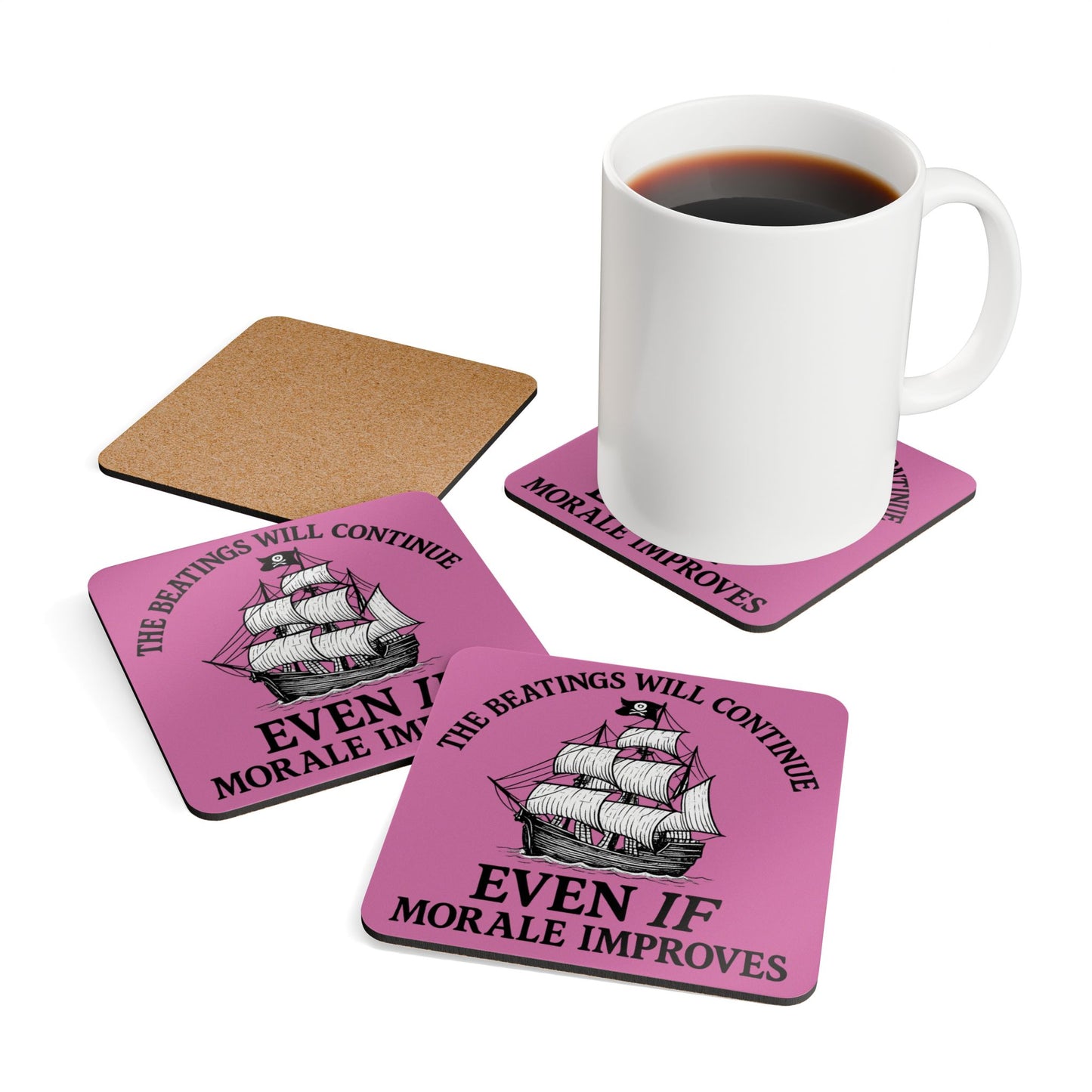 Pirate-Themed Cork Coaster Set - "The Beatings Will Continue"- Light Pink