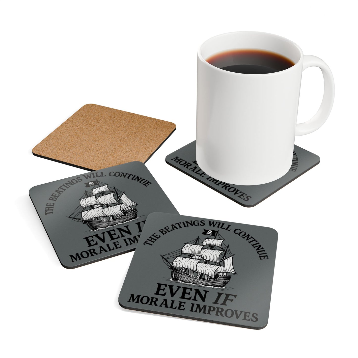 Pirate-Themed Cork Coaster Set - "The Beatings Will Continue"- Dark Grey