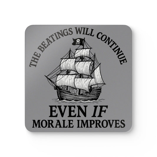 Pirate-Themed Cork Coaster Set - "The Beatings Will Continue"- Grey