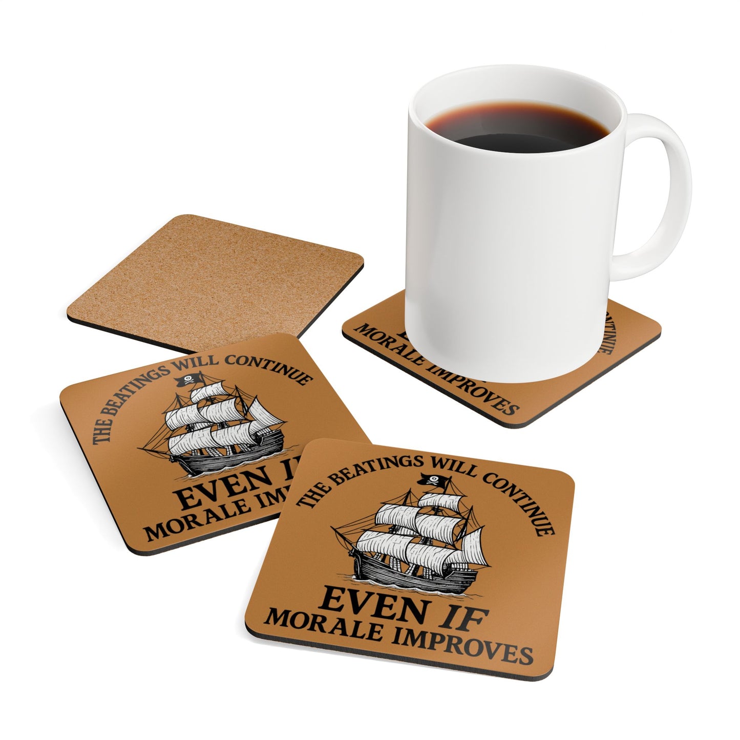 Pirate-Themed Cork Coaster Set - "The Beatings Will Continue"- Light Brown