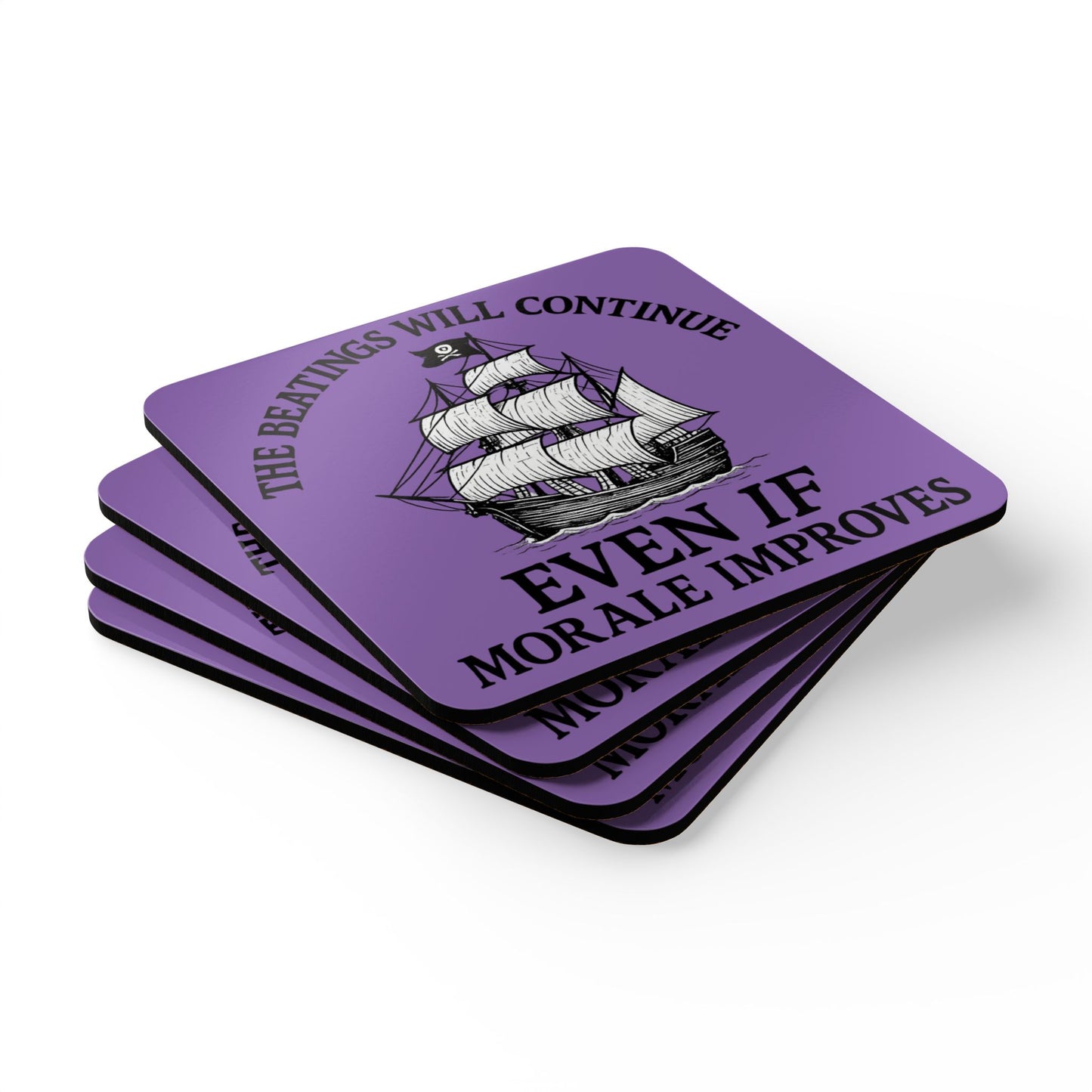 Pirate-Themed Cork Coaster Set - "The Beatings Will Continue"- Light Purple