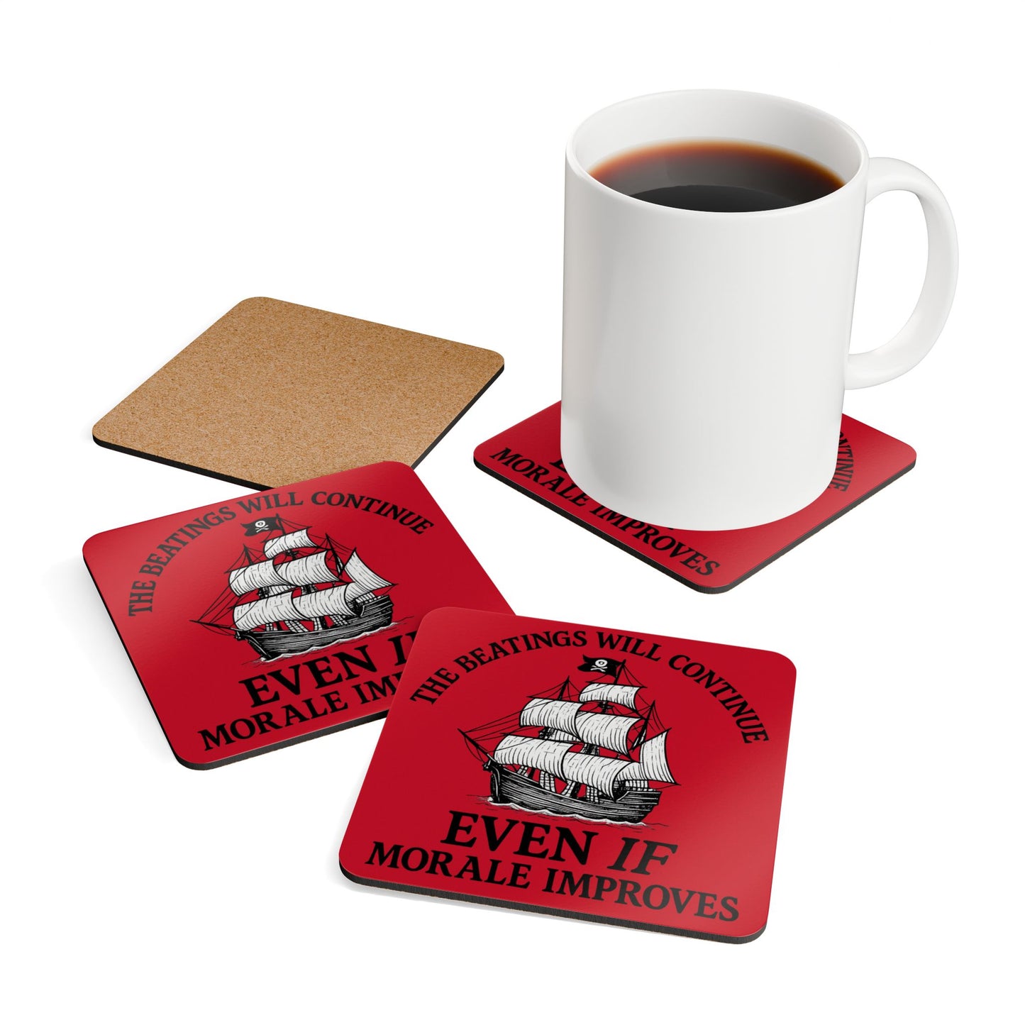 Pirate-Themed Cork Coaster Set - "The Beatings Will Continue"- Dark Red