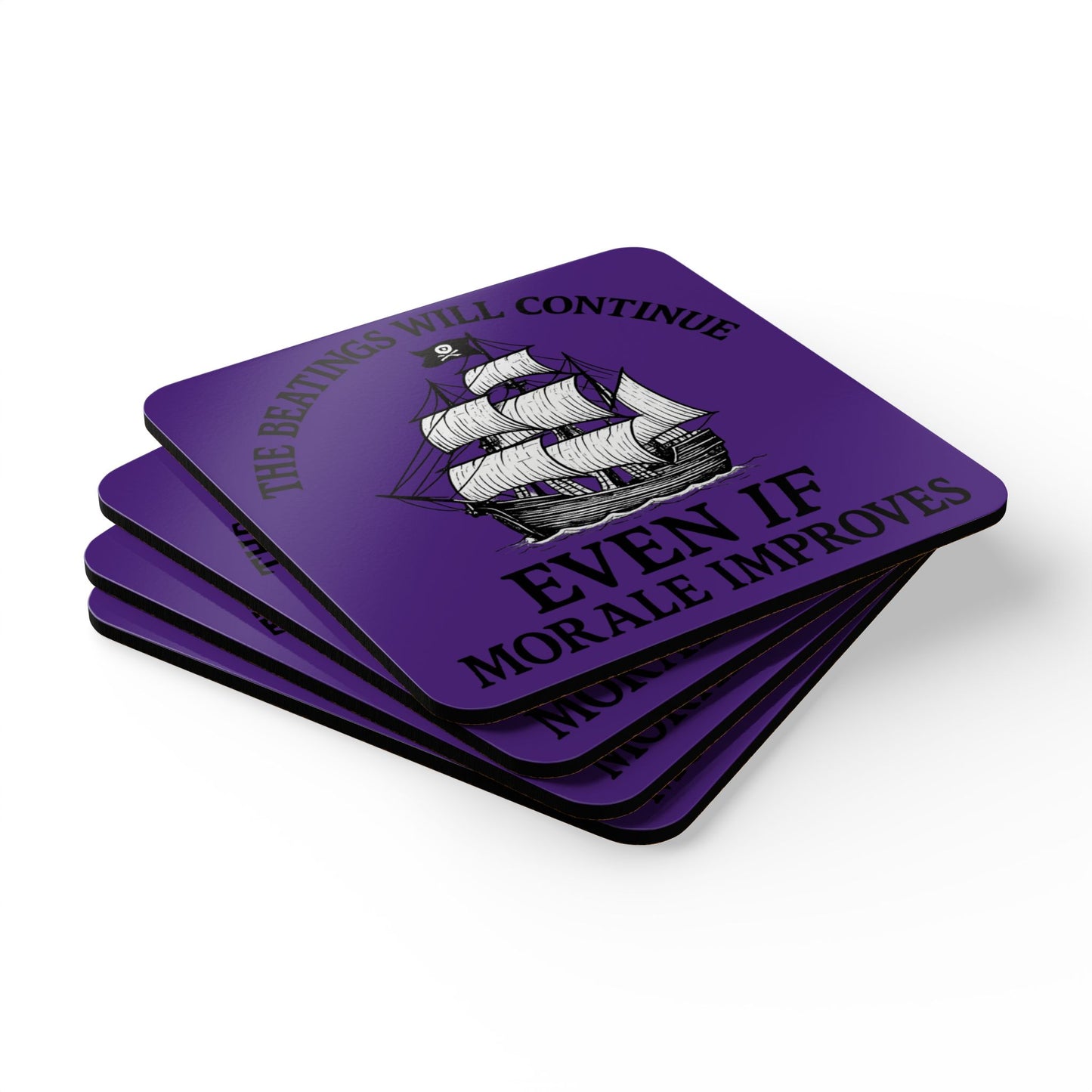 Pirate-Themed Cork Coaster Set - "The Beatings Will Continue"- Purple