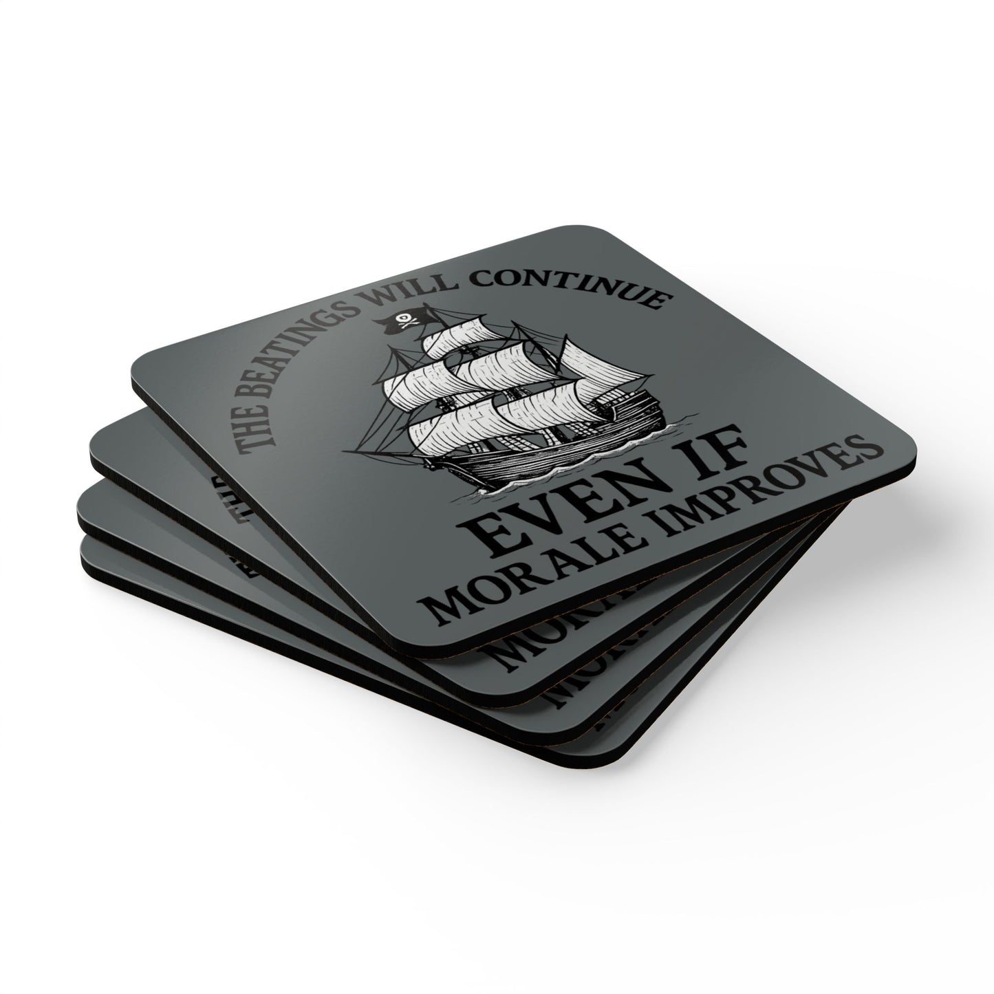 Pirate-Themed Cork Coaster Set - "The Beatings Will Continue"- Dark Grey