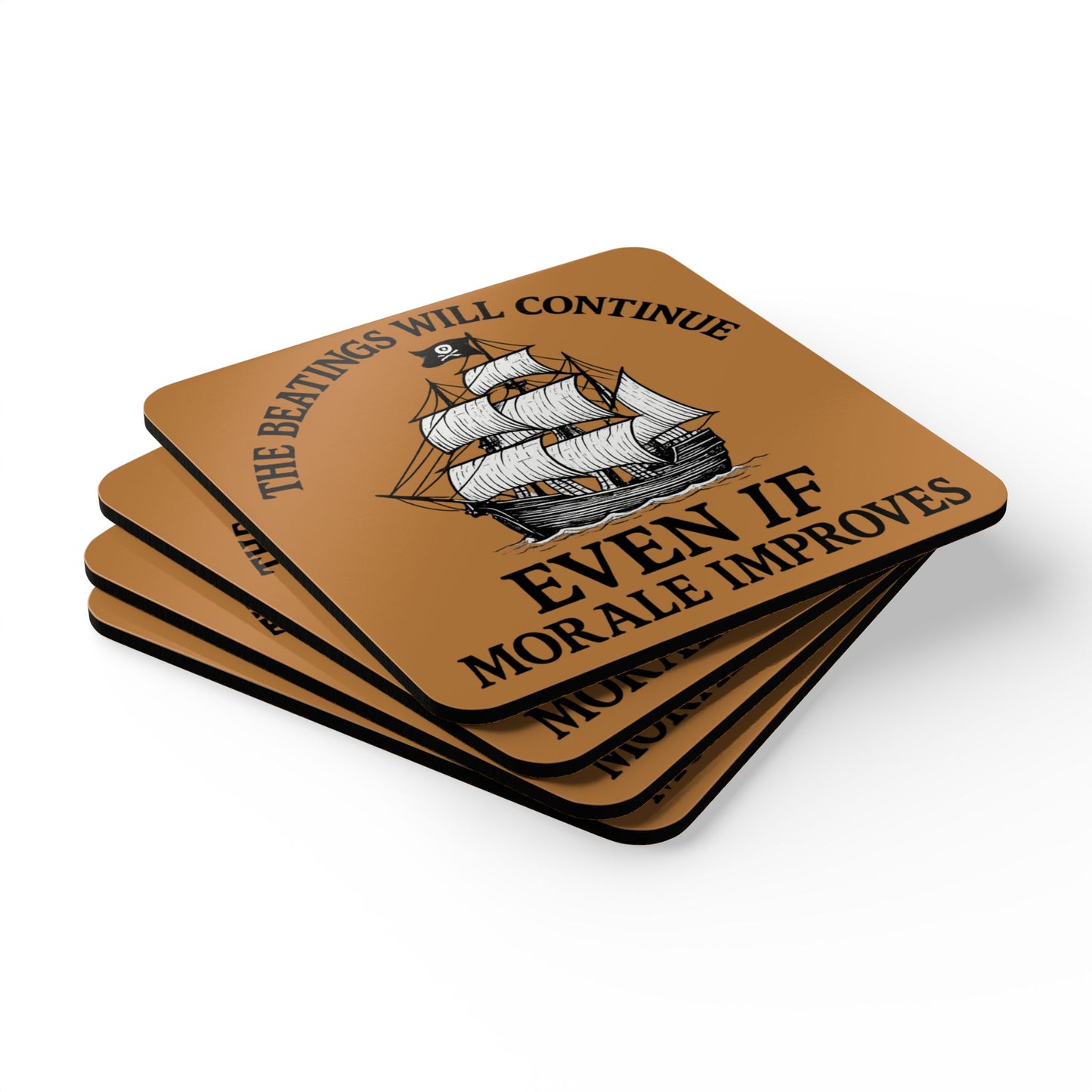 Pirate-Themed Cork Coaster Set - "The Beatings Will Continue"- Light Brown