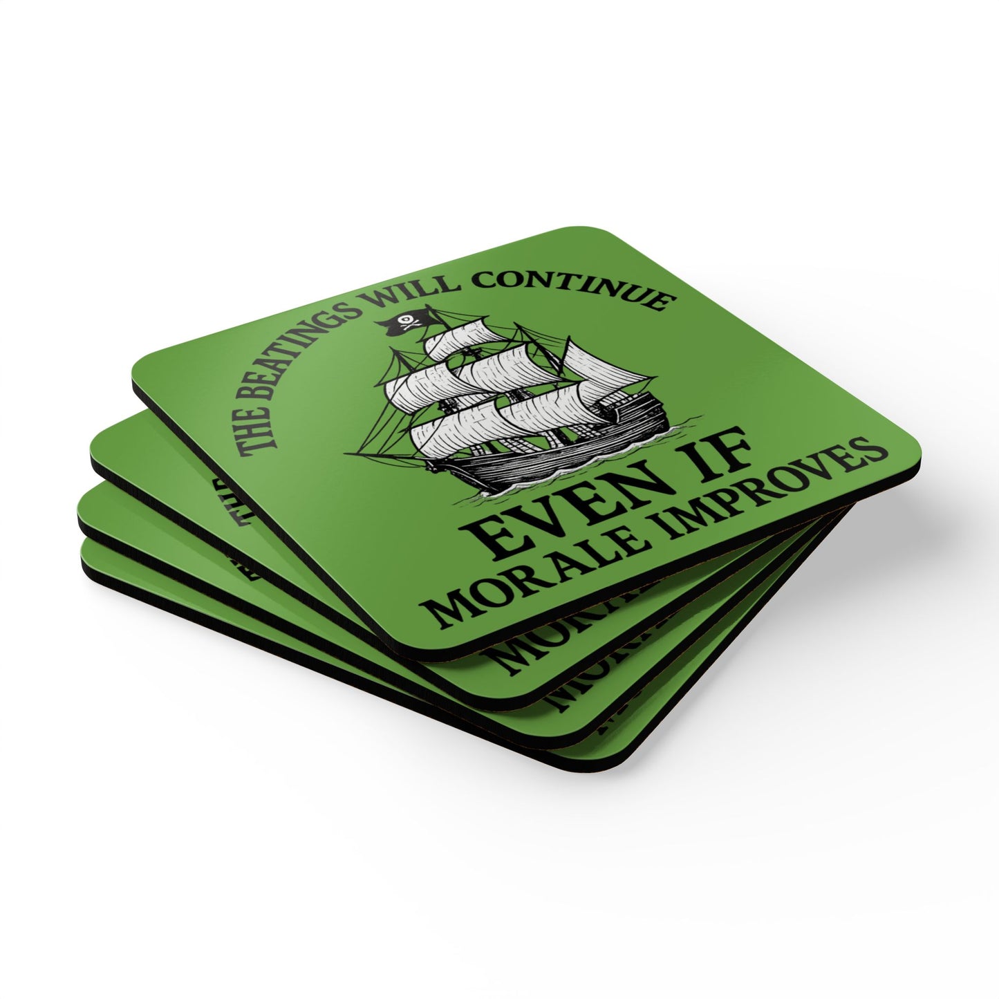 Pirate-Themed Cork Coaster Set - "The Beatings Will Continue"- Light Green