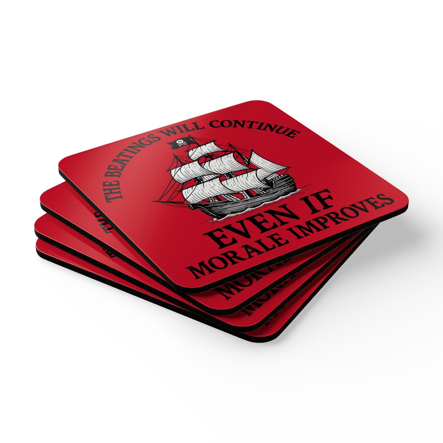 Pirate-Themed Cork Coaster Set - "The Beatings Will Continue"- Dark Red