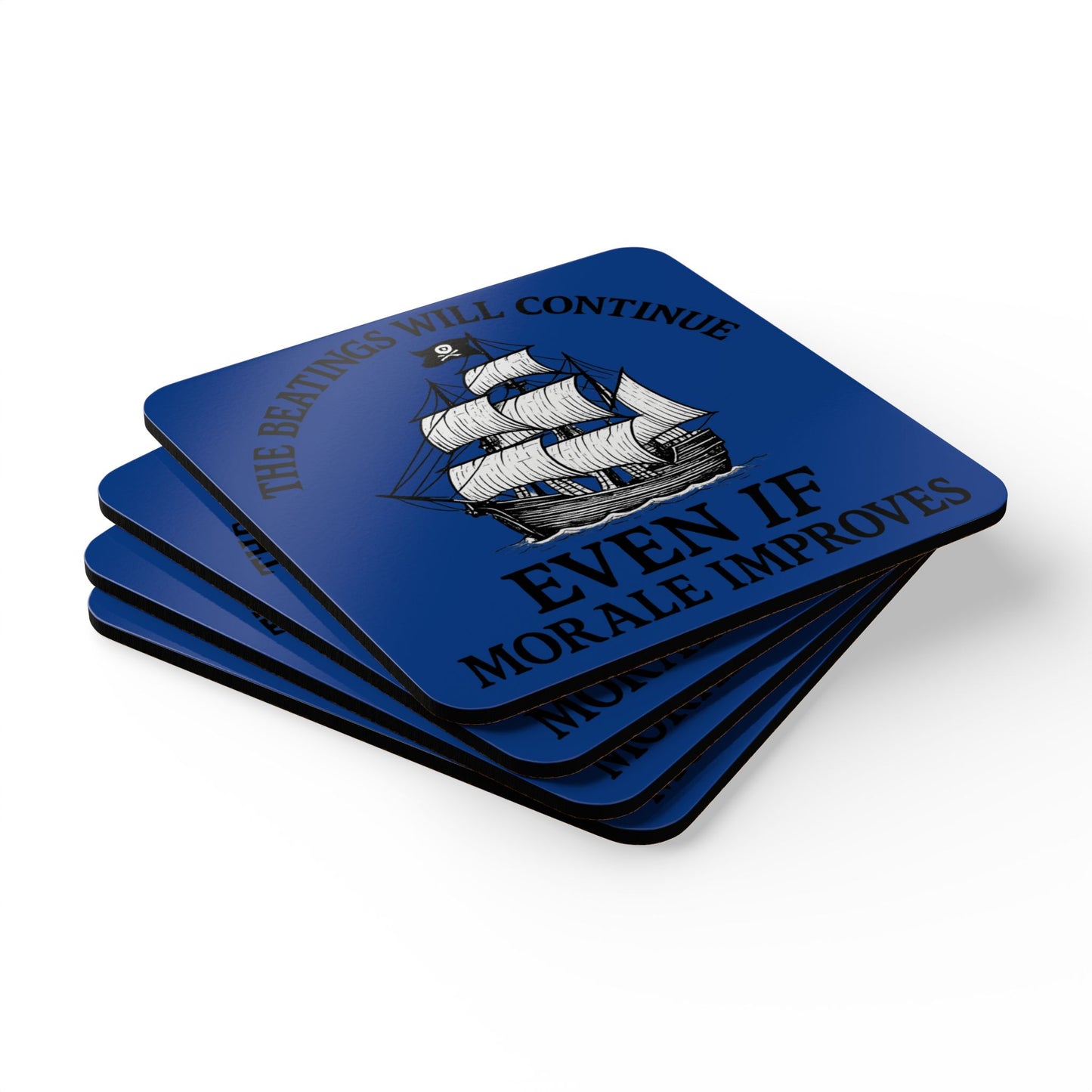 Pirate-Themed Cork Coaster Set - "The Beatings Will Continue"- Dark Blue