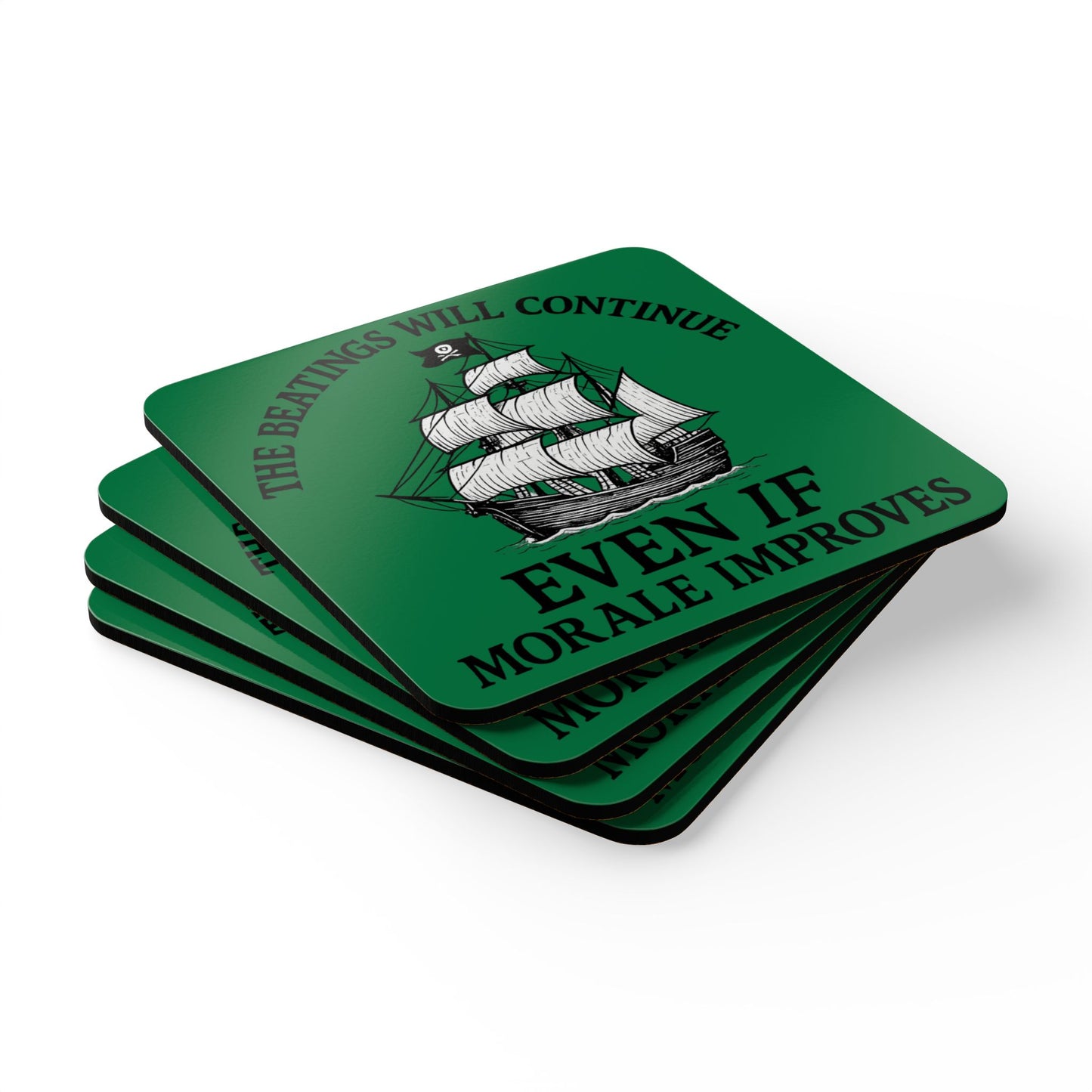 Pirate-Themed Cork Coaster Set - "The Beatings Will Continue"- Dark Green