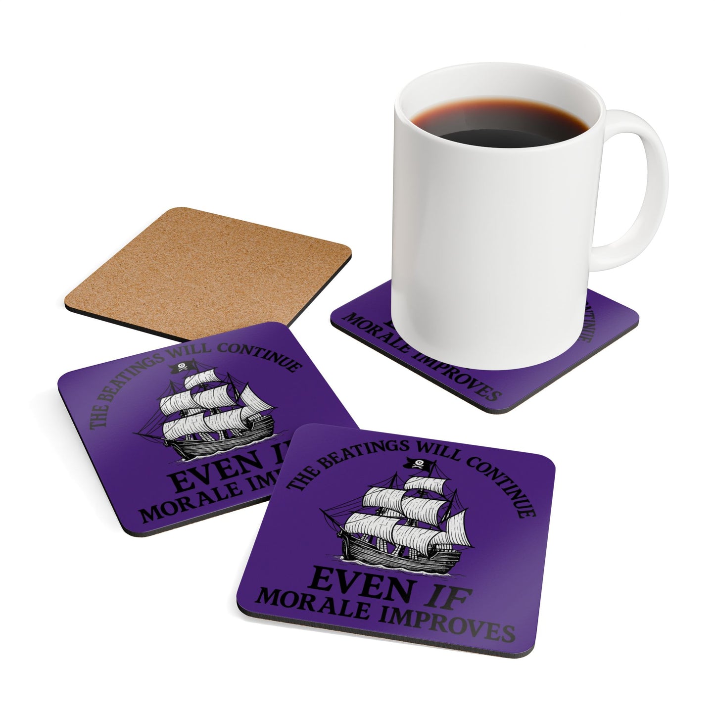 Pirate-Themed Cork Coaster Set - "The Beatings Will Continue"- Purple