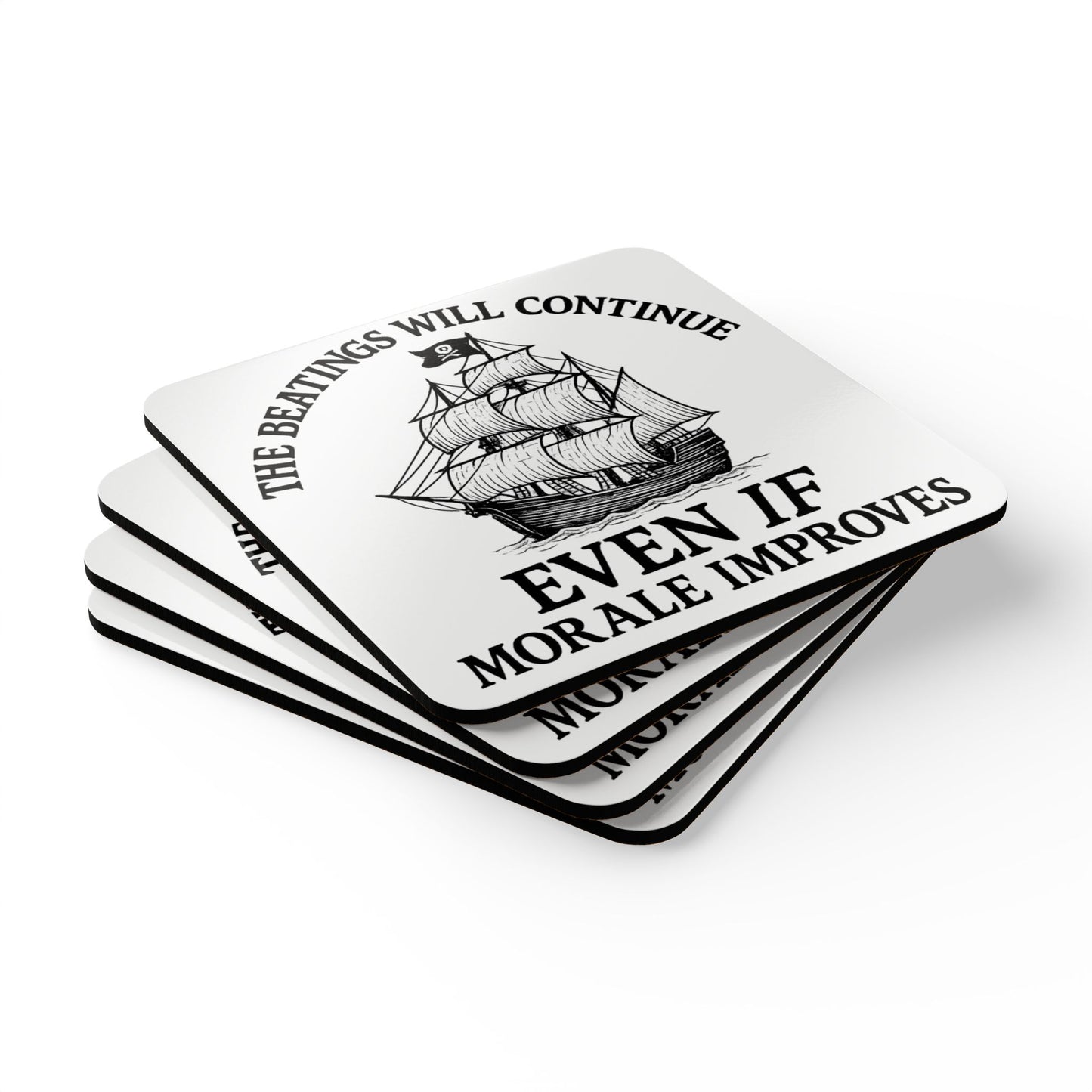 Pirate-Themed Cork Coaster Set - "The Beatings Will Continue"